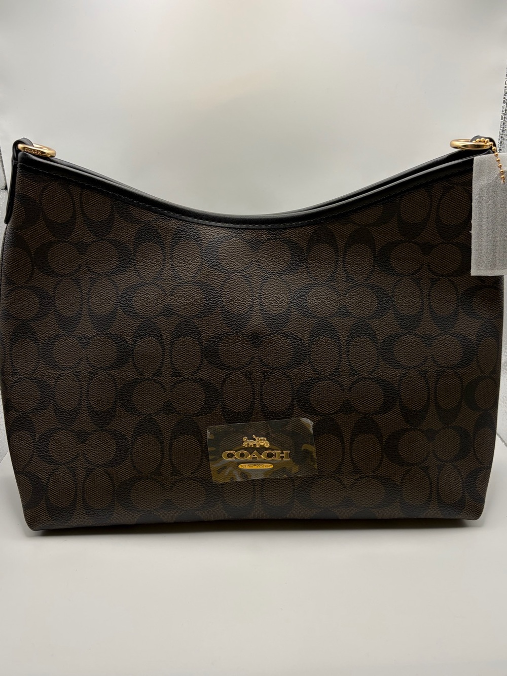 Coach Brown Signature Monogram Shoulder Bag with Gold Hardware